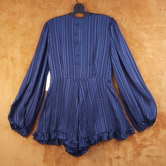 AQUA Womens Romper Medium Blue Cut Out Balloon Sleeve Stripe Shorts Jumpsuit - Picture 6 of 9